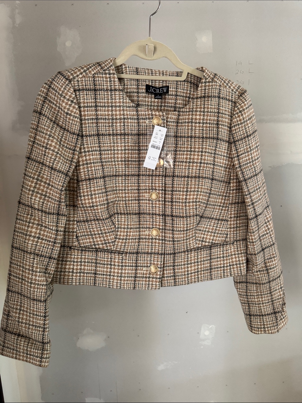 J. Crew Beige Plaid Tweed Cropped Blazer With Gold Buttons